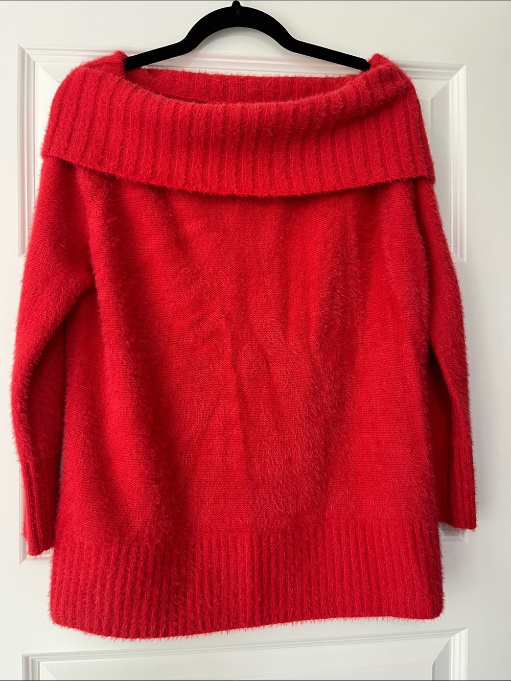 Altar'd State Off-Shoulder Red Plush Knit Sweater